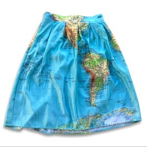 Handmade Satin Cotton Spandex Skirt World Map Blue Elastic Waist